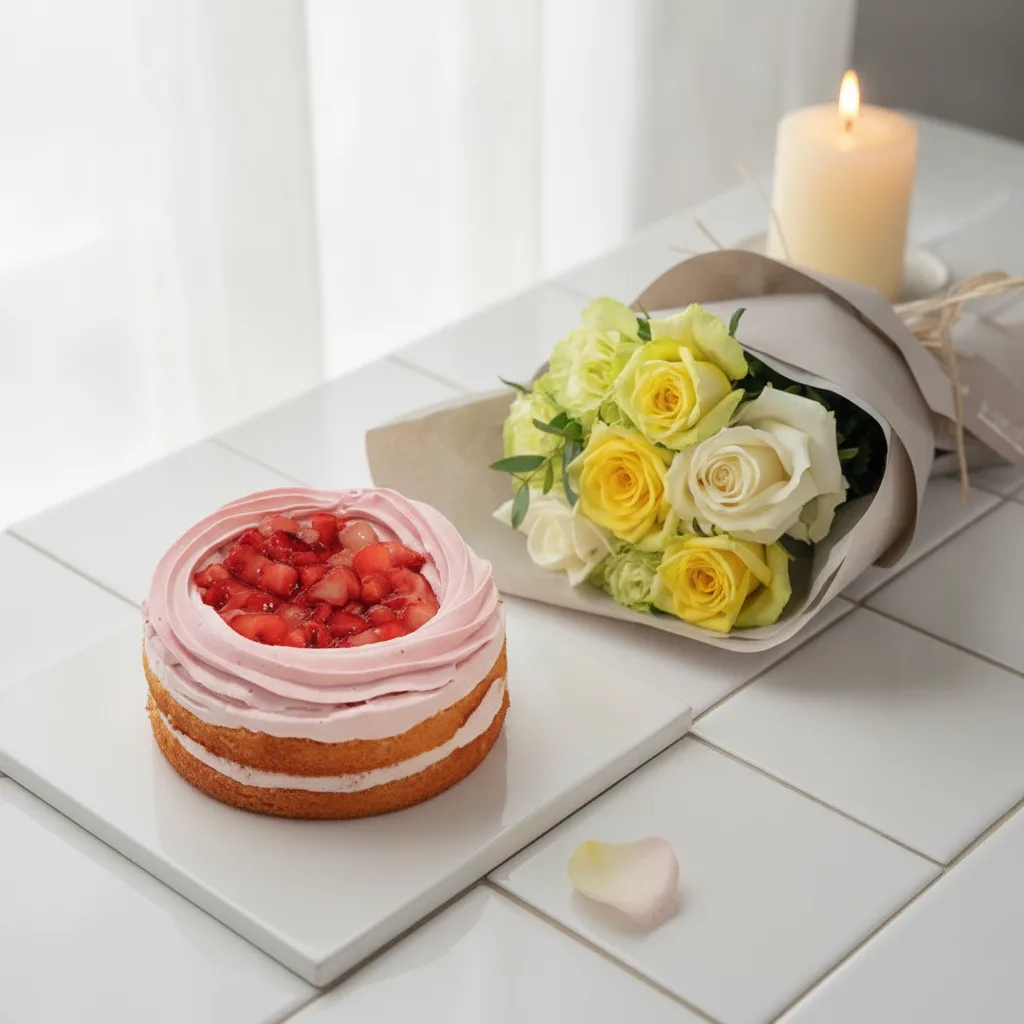 Strawberry Bliss Cake & Rose Bouquet